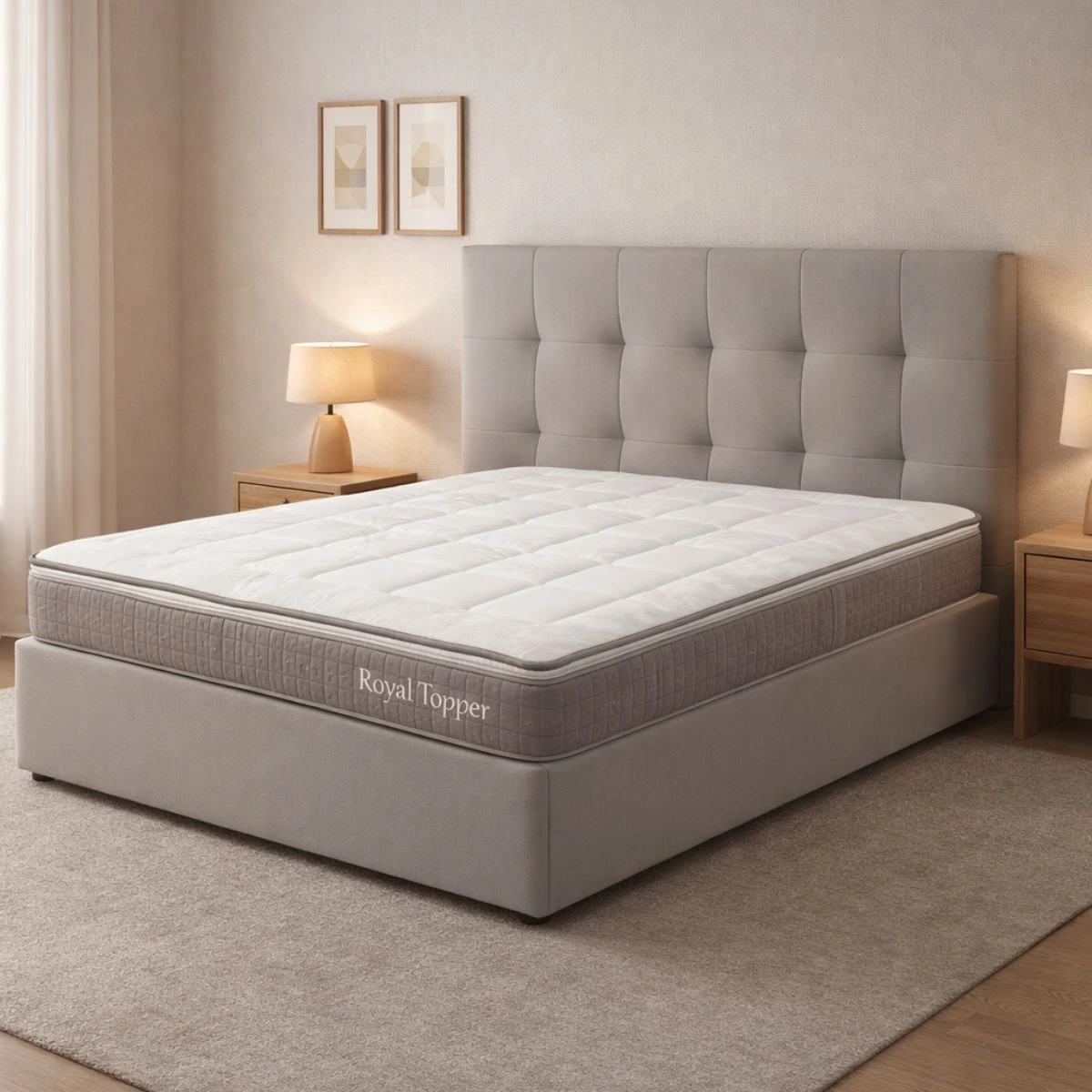 Colchão branco sobre cama estofada cinza em quarto moderno